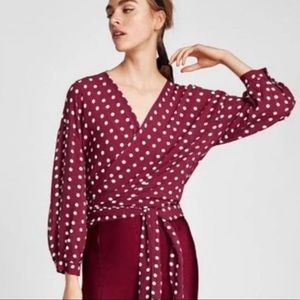 Zara Woman Burgundy Polka Dot Wrap Blouse XS